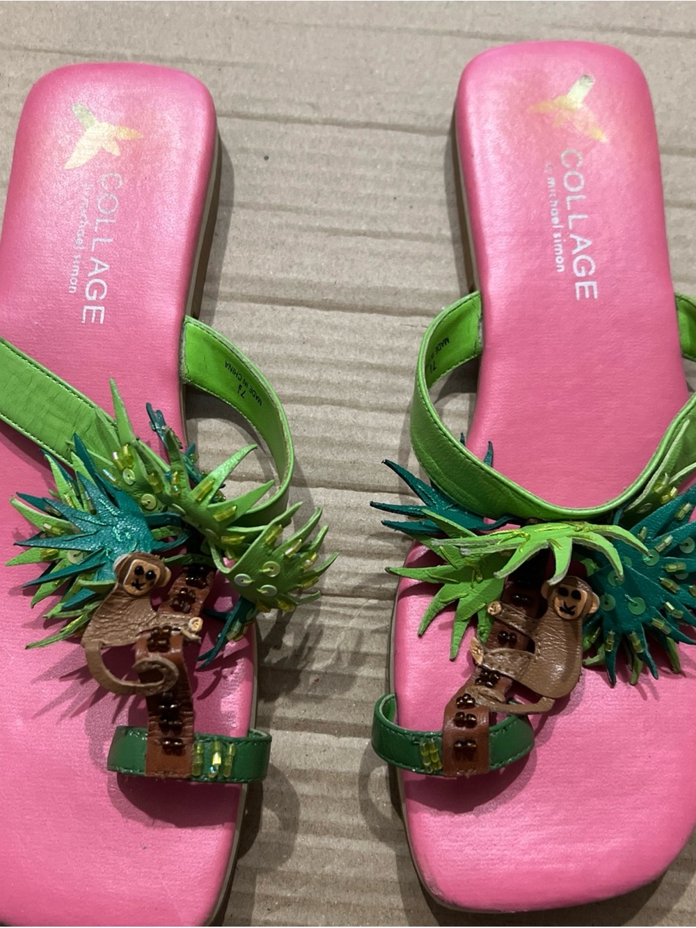 Michael Simon Pink & Green Tropical Palm Slide Sandals 3D monkey palm tree